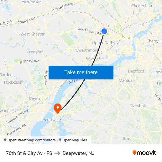 76th St & City Av - FS to Deepwater, NJ map