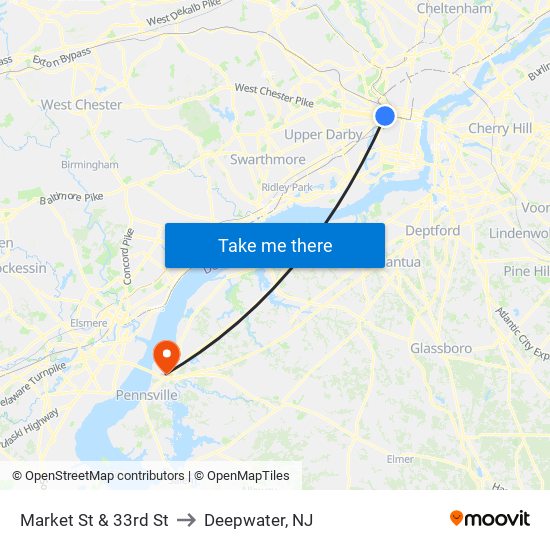 Market St & 33rd St to Deepwater, NJ map