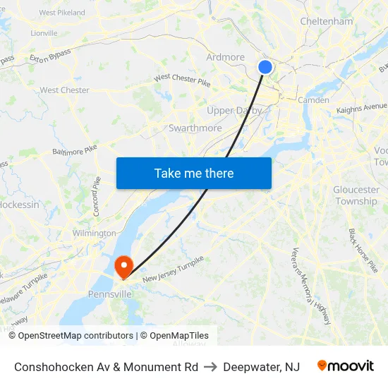 Conshohocken Av & Monument Rd to Deepwater, NJ map