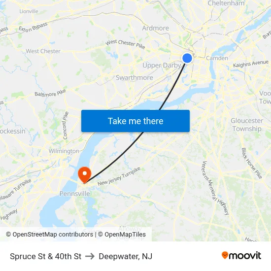 Spruce St & 40th St to Deepwater, NJ map