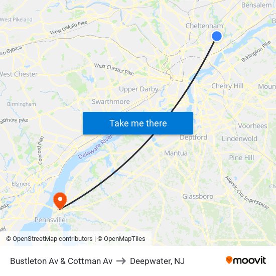 Bustleton Av & Cottman Av to Deepwater, NJ map