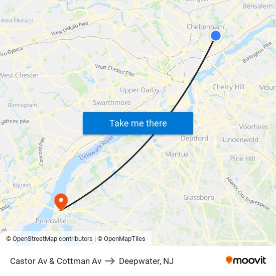 Castor Av & Cottman Av to Deepwater, NJ map