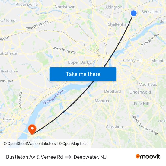 Bustleton Av & Verree Rd to Deepwater, NJ map