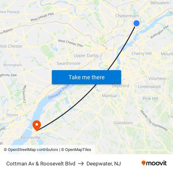 Cottman Av & Roosevelt Blvd to Deepwater, NJ map