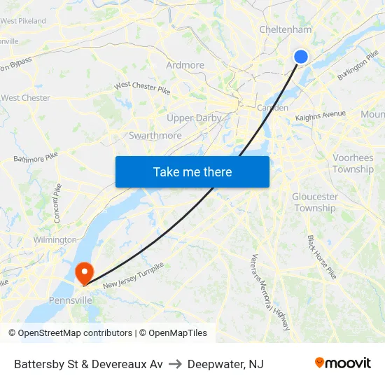 Battersby St & Devereaux Av to Deepwater, NJ map
