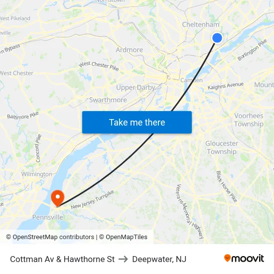 Cottman Av & Hawthorne St to Deepwater, NJ map