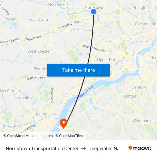Norristown Transportation Center to Deepwater, NJ map