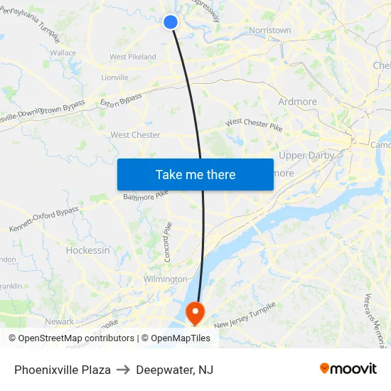 Phoenixville Plaza to Deepwater, NJ map
