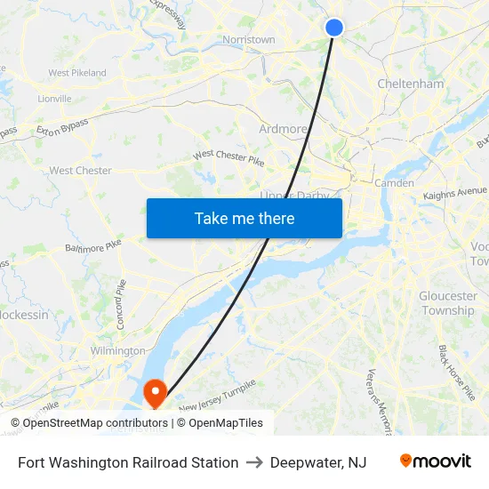 Fort Washington Railroad Station to Deepwater, NJ map