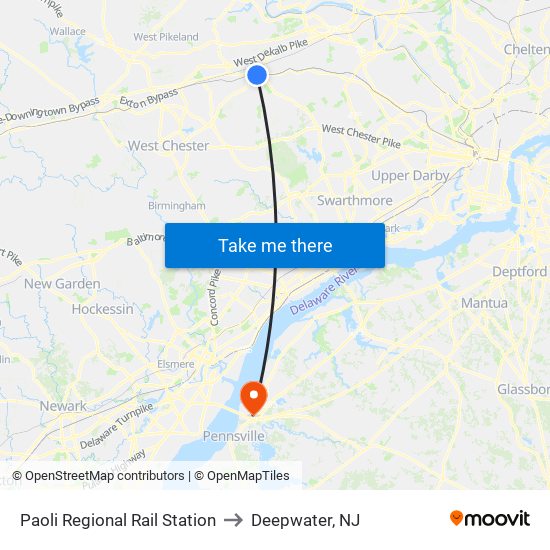 Paoli Regional Rail Station to Deepwater, NJ map