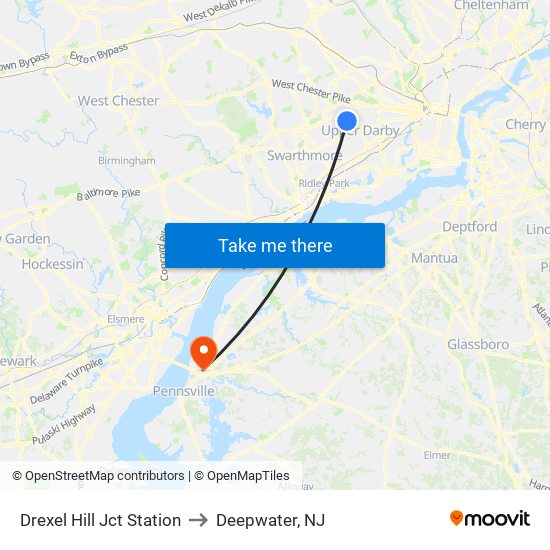 Drexel Hill Jct Station to Deepwater, NJ map