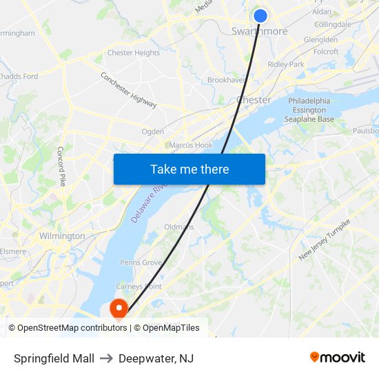 Springfield Mall to Deepwater, NJ map