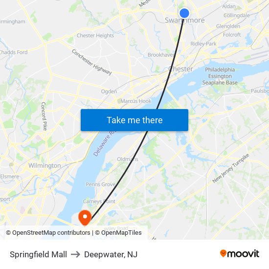 Springfield Mall to Deepwater, NJ map