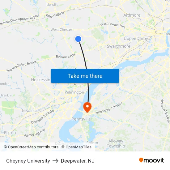 Cheyney University to Deepwater, NJ map