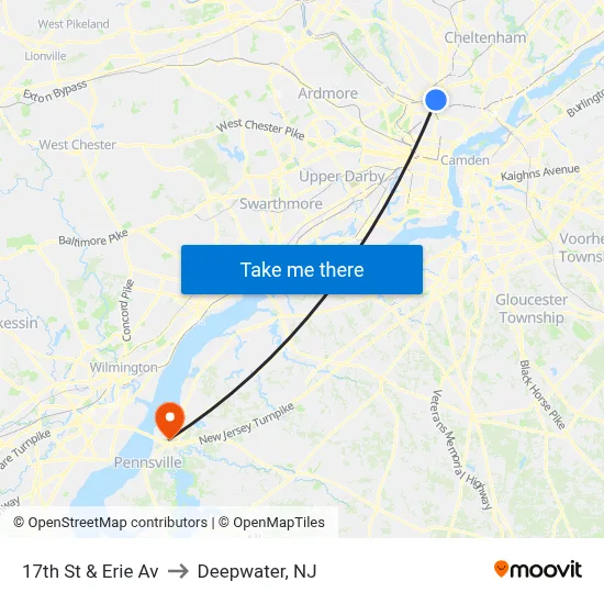 17th St & Erie Av to Deepwater, NJ map