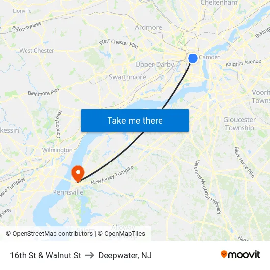 16th St & Walnut St to Deepwater, NJ map