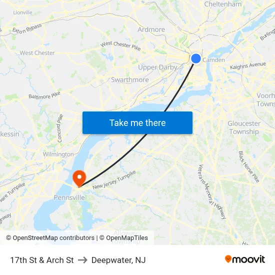17th St & Arch St to Deepwater, NJ map