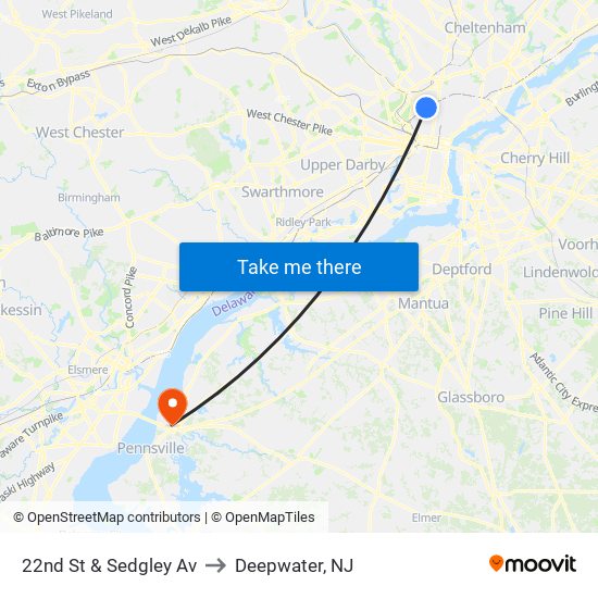 22nd St & Sedgley Av to Deepwater, NJ map