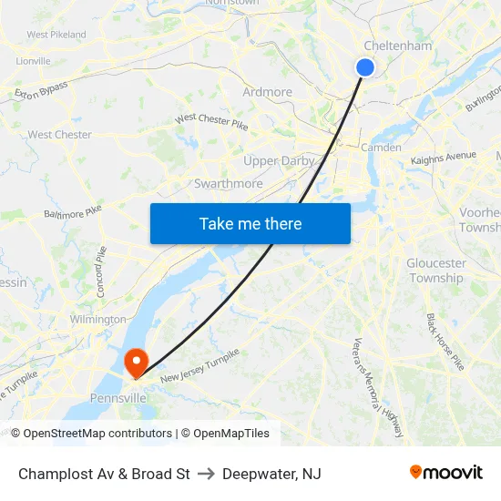 Champlost Av & Broad St to Deepwater, NJ map