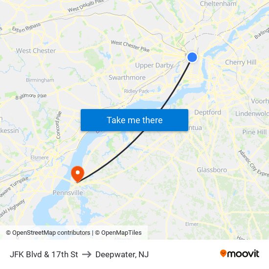 JFK Blvd & 17th St to Deepwater, NJ map