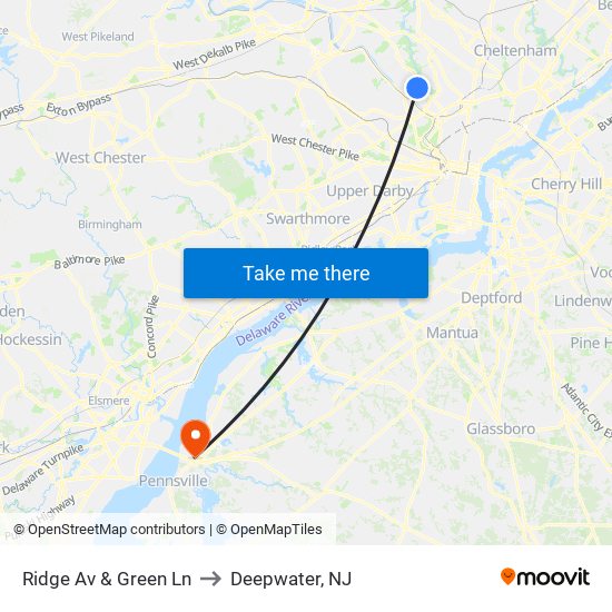 Ridge Av & Green Ln to Deepwater, NJ map