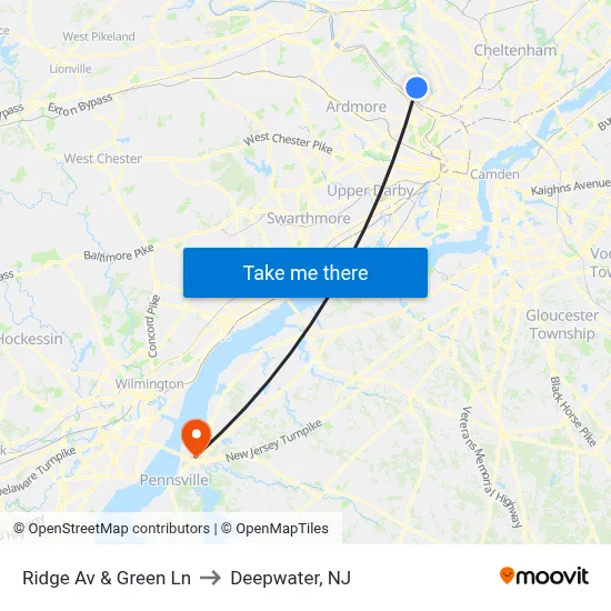 Ridge Av & Green Ln to Deepwater, NJ map