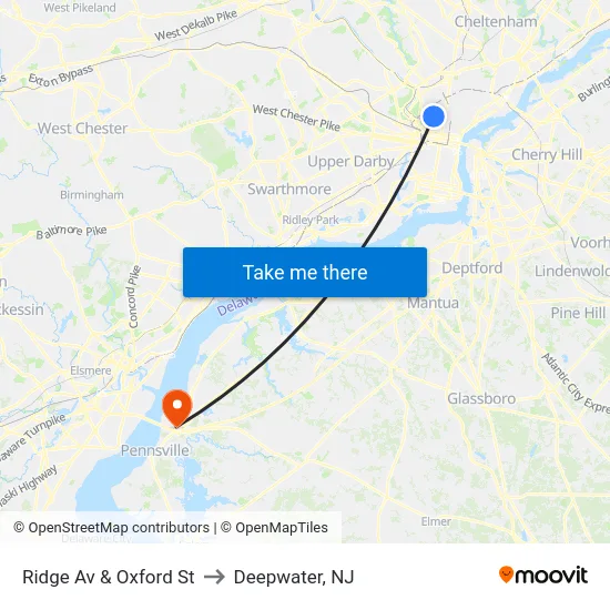 Ridge Av & Oxford St to Deepwater, NJ map