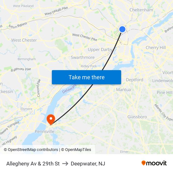 Allegheny Av & 29th St to Deepwater, NJ map