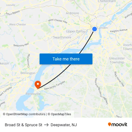 Broad St & Spruce St to Deepwater, NJ map
