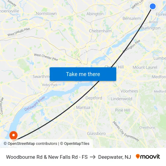 Woodbourne Rd & New Falls Rd - FS to Deepwater, NJ map