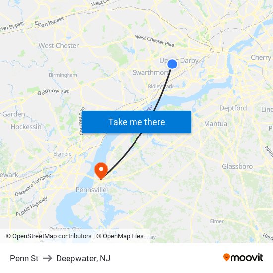 Penn St to Deepwater, NJ map