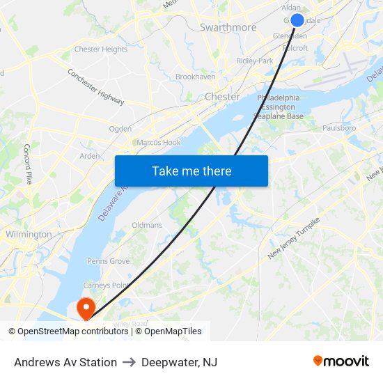 Andrews Av Station to Deepwater, NJ map