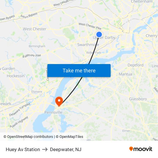 Huey Av Station to Deepwater, NJ map