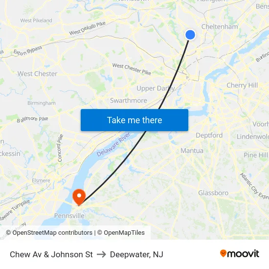 Chew Av & Johnson St to Deepwater, NJ map