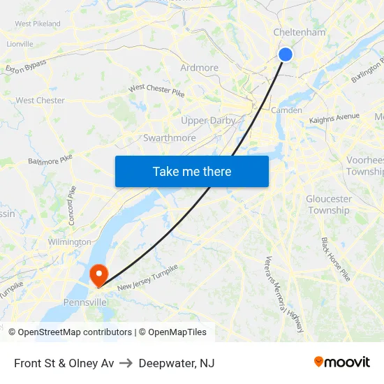 Front St & Olney Av to Deepwater, NJ map