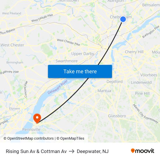 Rising Sun Av & Cottman Av to Deepwater, NJ map