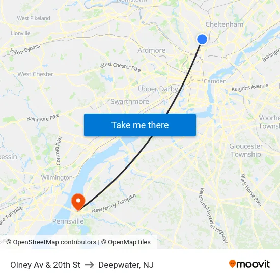 Olney Av & 20th St to Deepwater, NJ map