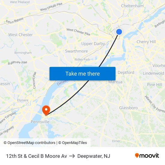 12th St & Cecil B Moore Av to Deepwater, NJ map