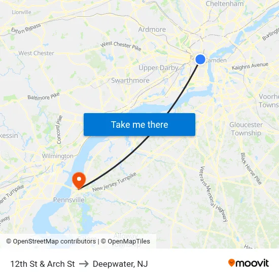 12th St & Arch St to Deepwater, NJ map