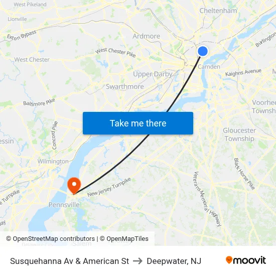 Susquehanna Av & American St to Deepwater, NJ map
