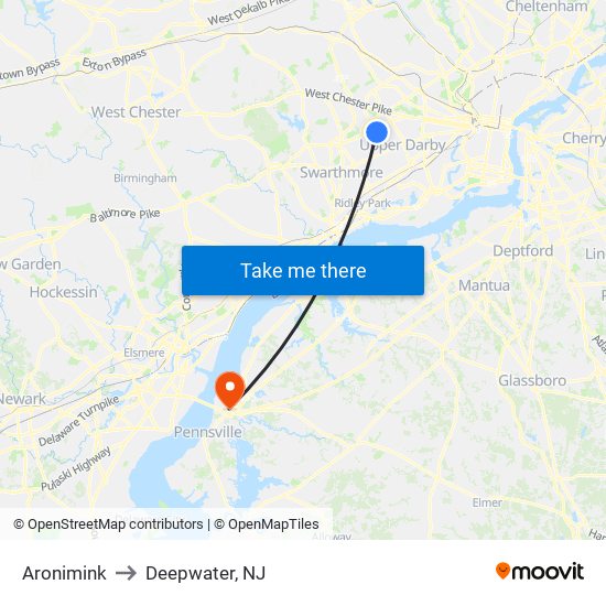 Aronimink to Deepwater, NJ map