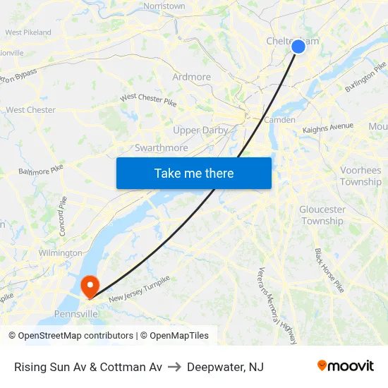 Rising Sun Av & Cottman Av to Deepwater, NJ map