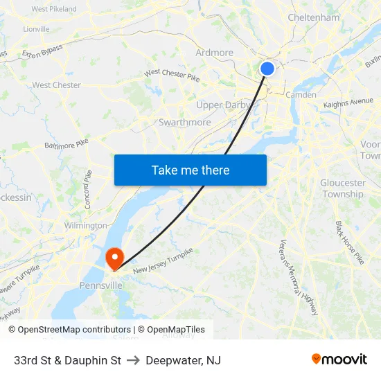 33rd St & Dauphin St to Deepwater, NJ map