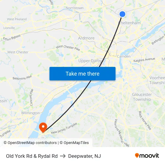 Old York Rd & Rydal Rd to Deepwater, NJ map