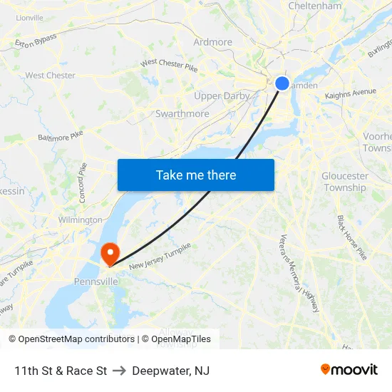 11th St & Race St to Deepwater, NJ map