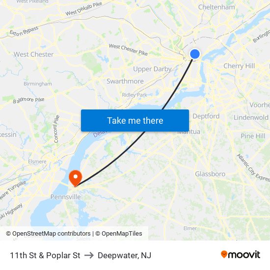 11th St & Poplar St to Deepwater, NJ map