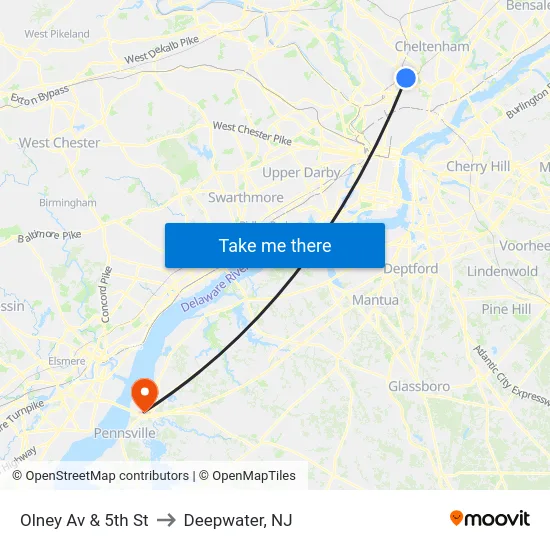 Olney Av & 5th St to Deepwater, NJ map