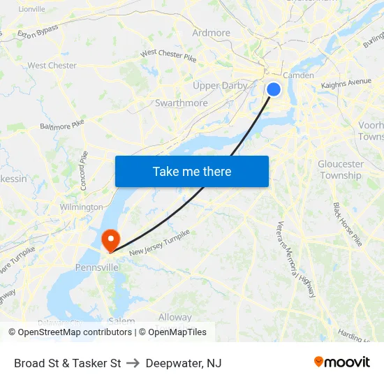 Broad St & Tasker St to Deepwater, NJ map