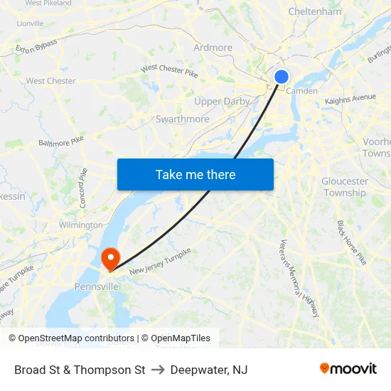 Broad St & Thompson St to Deepwater, NJ map