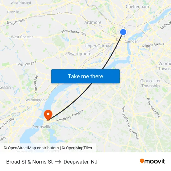 Broad St & Norris St to Deepwater, NJ map
